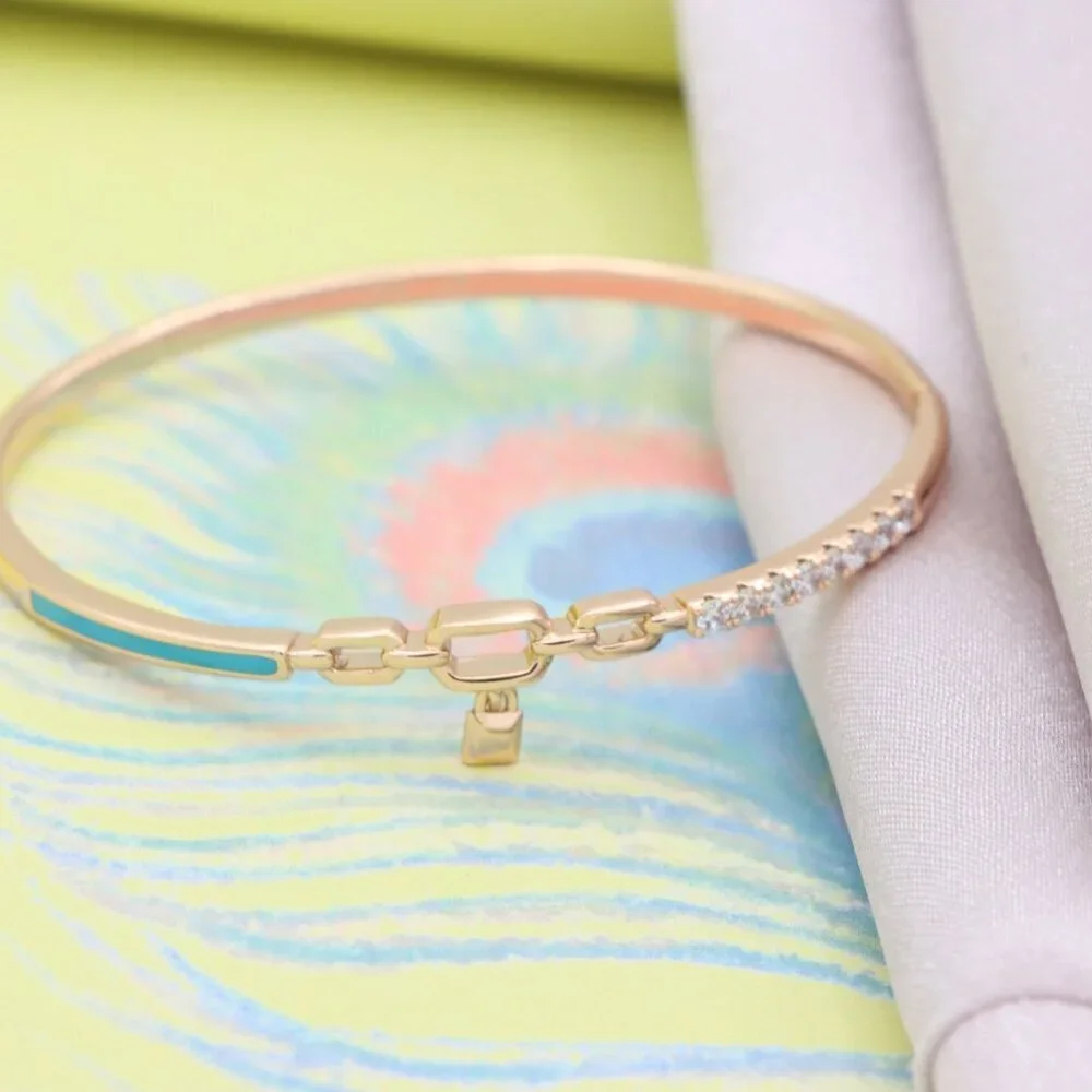Chic Rose Gold Bangle with Lock Charm and Blue Enamel Accent, XPBL0432